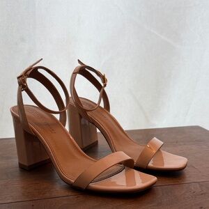 ASOS Patent Nude Tan Block Heel Sandals with Ankle Strap
